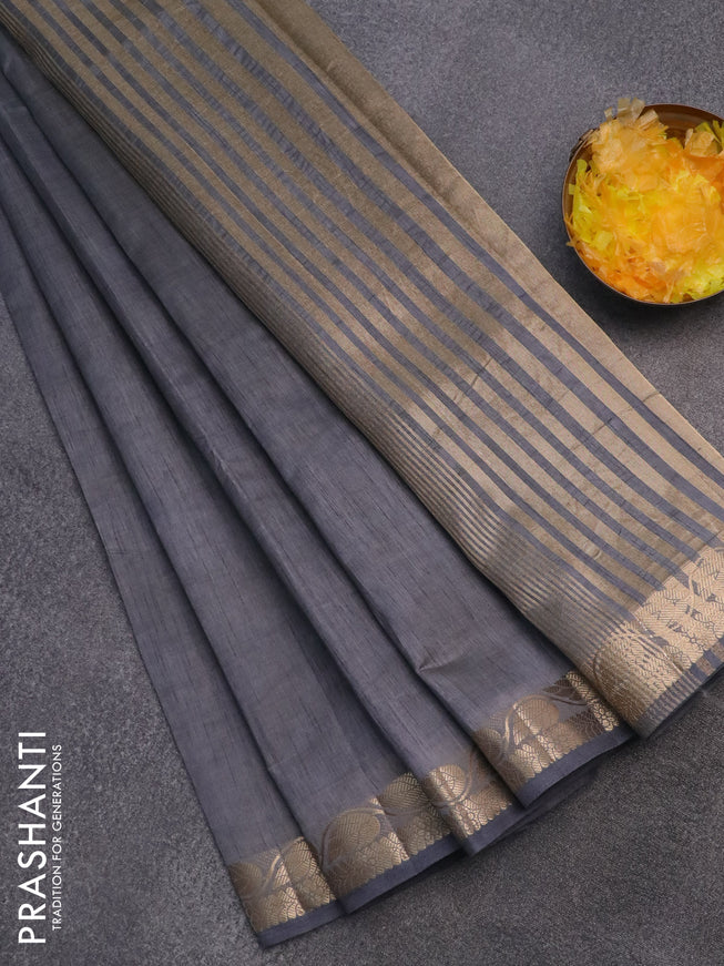 Semi raw silk saree grey with plain body and leaf design zari woven border