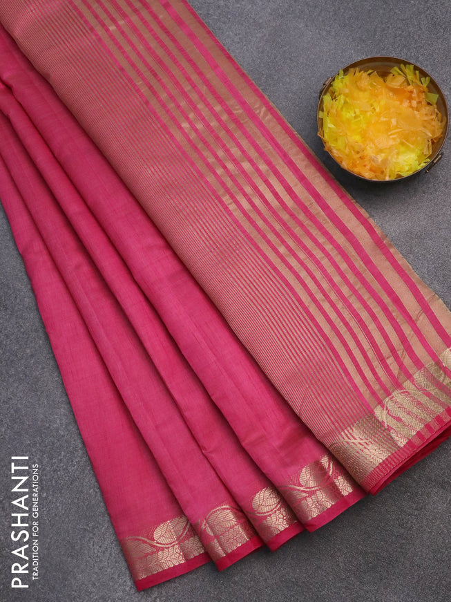 Semi raw silk saree pink with plain body and leaf design zari woven border