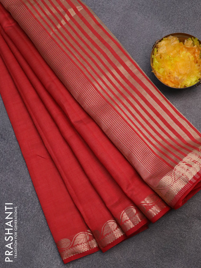 Semi raw silk saree red with plain body and leaf design zari woven border