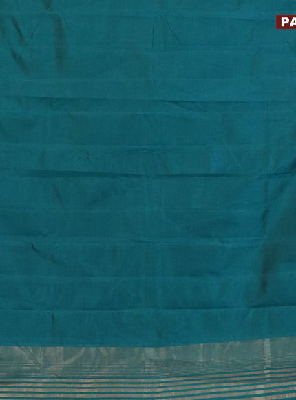 Semi raw silk saree teal blue with plain body and leaf design zari woven border