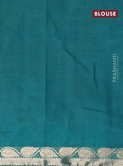 Semi raw silk saree teal blue with plain body and leaf design zari woven border