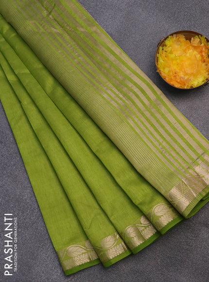 Semi raw silk saree lime green with plain body and leaf design zari woven border