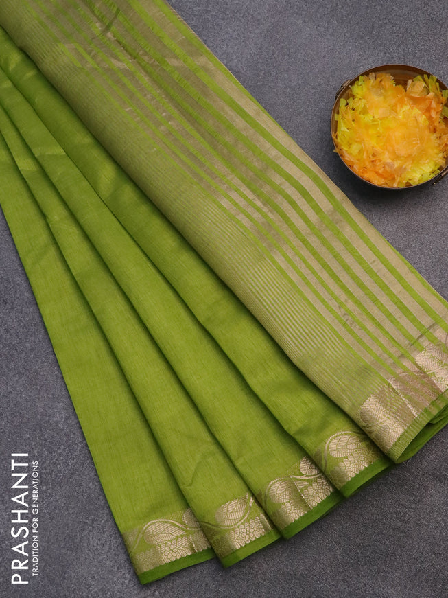 Semi raw silk saree lime green with plain body and leaf design zari woven border