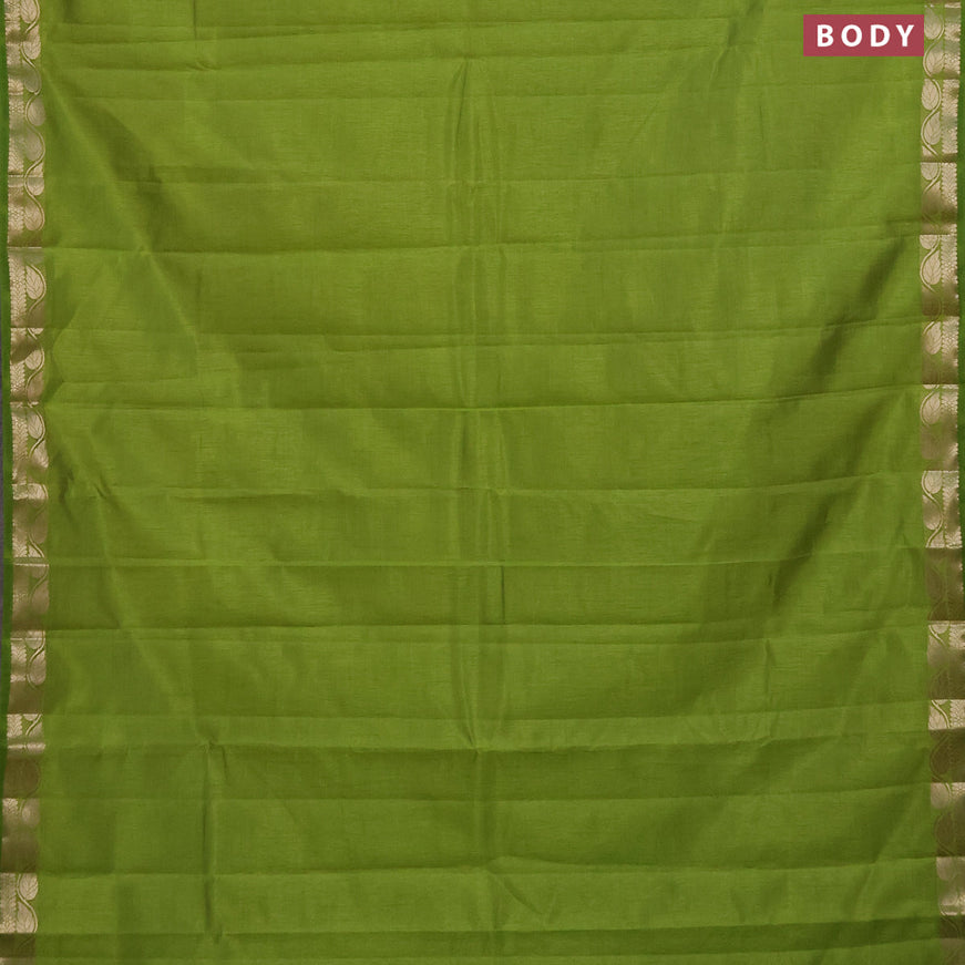 Semi raw silk saree lime green with plain body and leaf design zari woven border