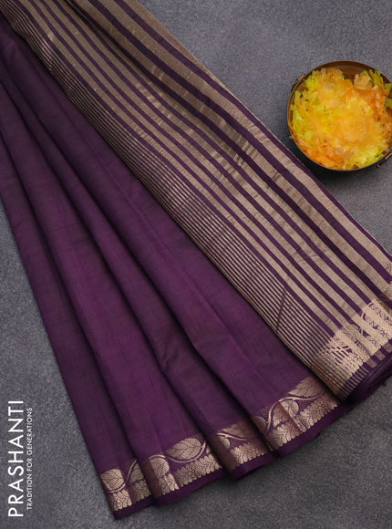 Semi raw silk saree deep violet with plain body and leaf design zari woven border