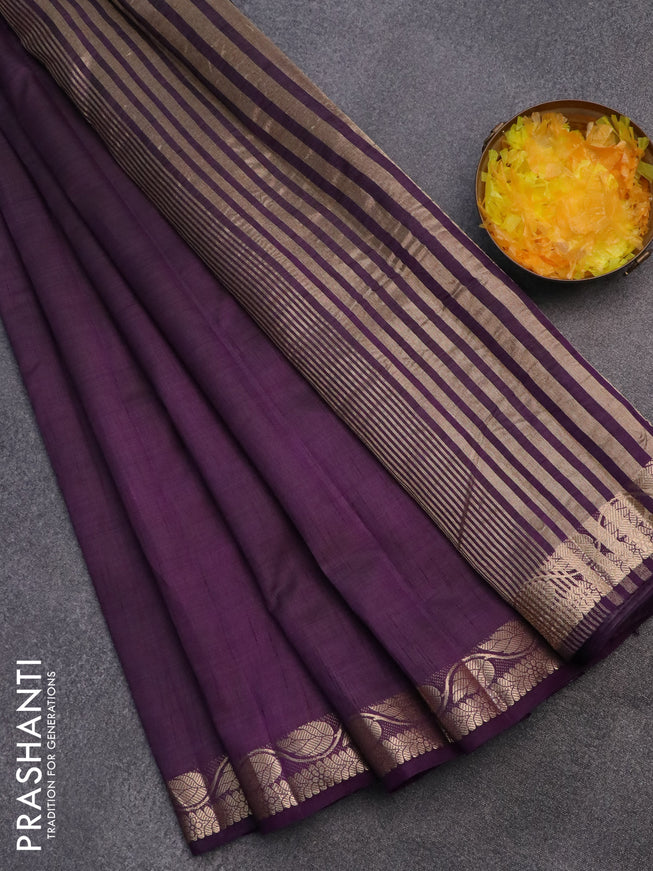 Semi raw silk saree deep violet with plain body and leaf design zari woven border