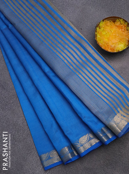 Semi raw silk saree cs blue with plain body and leaf design zari woven border