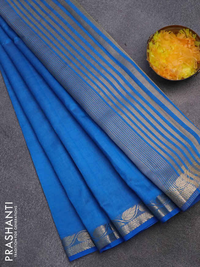 Semi raw silk saree cs blue with plain body and leaf design zari woven border