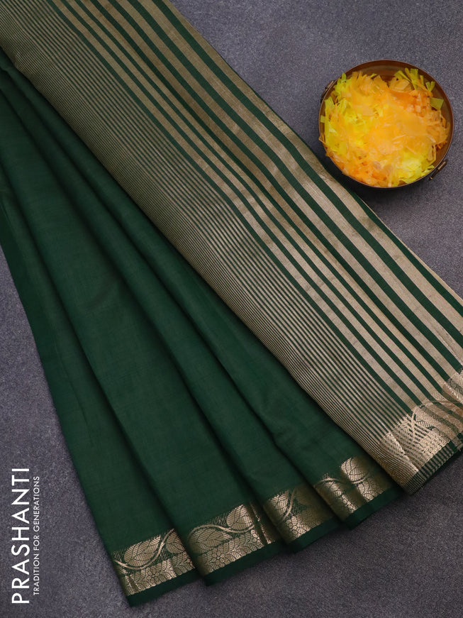 Semi raw silk saree green with plain body and leaf design zari woven border