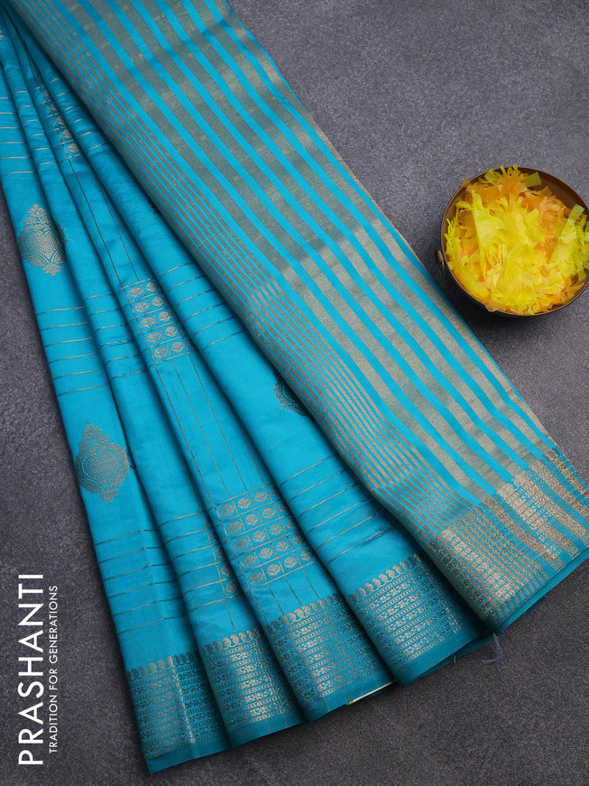 Semi raw silk saree teal blue with allover zari weaves & buttas and zari woven border