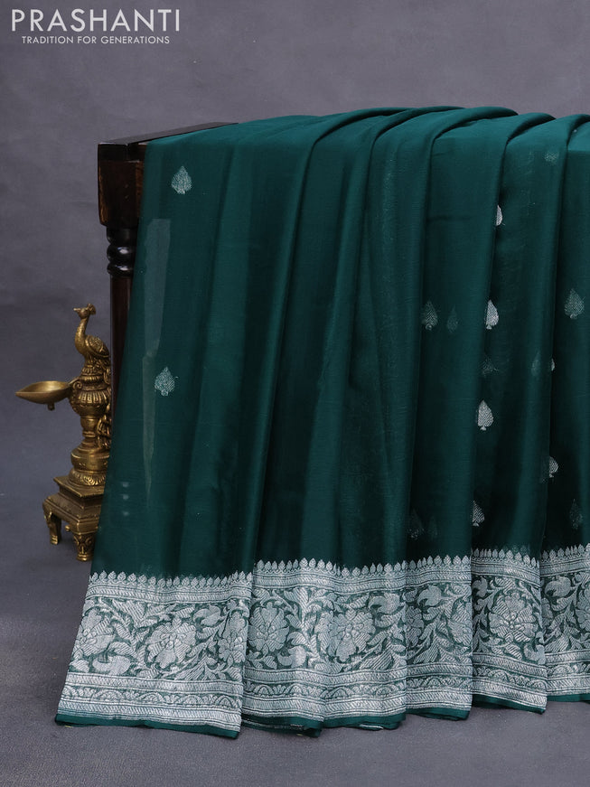 Banarasi chiffon saree dark bottle green with silver zari woven buttas and silver zari woven border