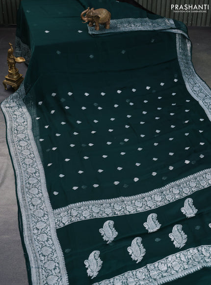 Banarasi chiffon saree dark bottle green with silver zari woven buttas and silver zari woven border