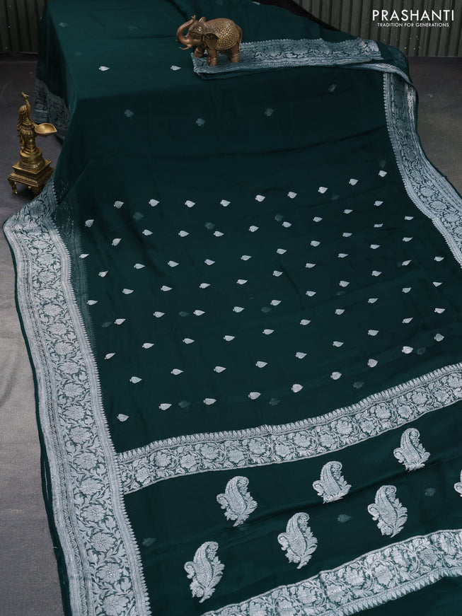 Banarasi chiffon saree dark bottle green with silver zari woven buttas and silver zari woven border