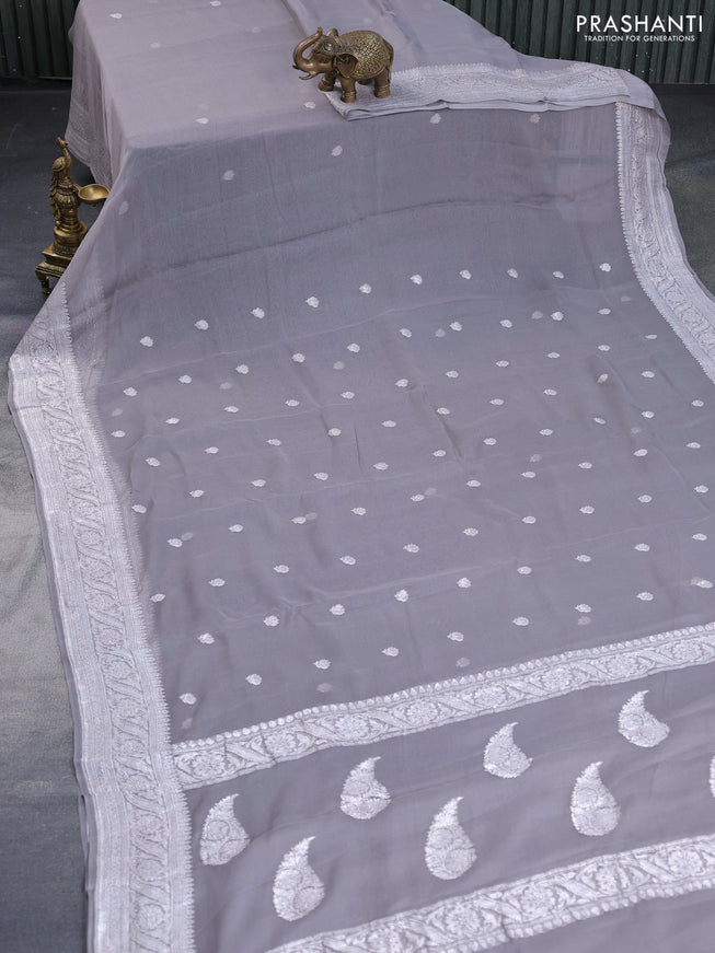 Banarasi chiffon saree grey with silver zari woven buttas and silver zari woven border