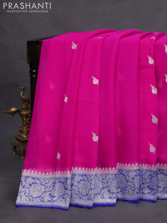 Banarasi chiffon saree pink and blue with silver zari woven buttas and silver zari woven border