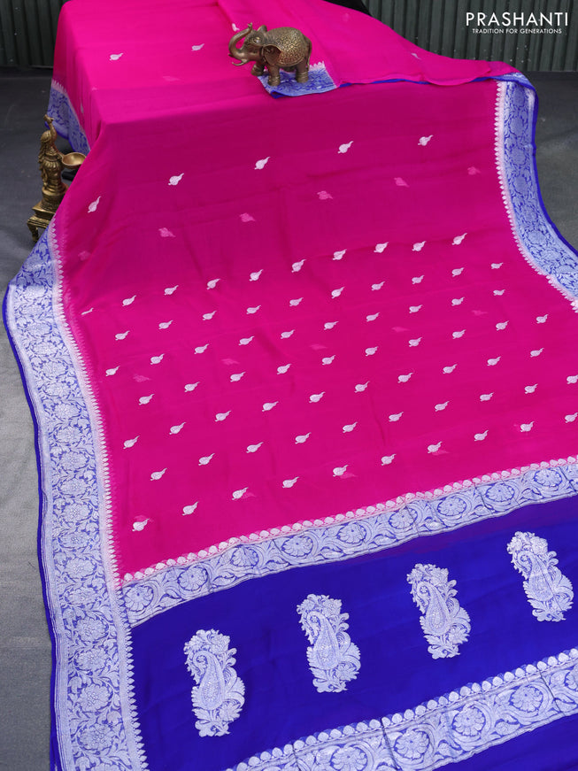 Banarasi chiffon saree pink and blue with silver zari woven buttas and silver zari woven border