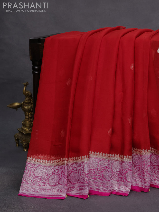 Banarasi chiffon saree red and pink with silver zari woven buttas and silver zari woven border