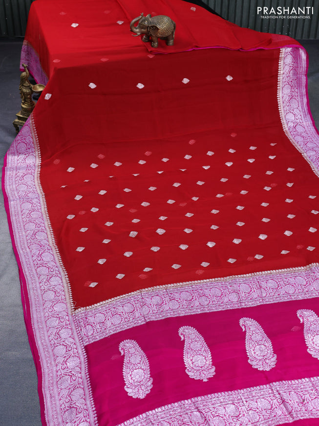 Banarasi chiffon saree red and pink with silver zari woven buttas and silver zari woven border