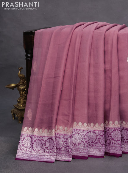 Banarasi chiffon saree pastel brown and purple with silver zari woven buttas and silver zari woven border