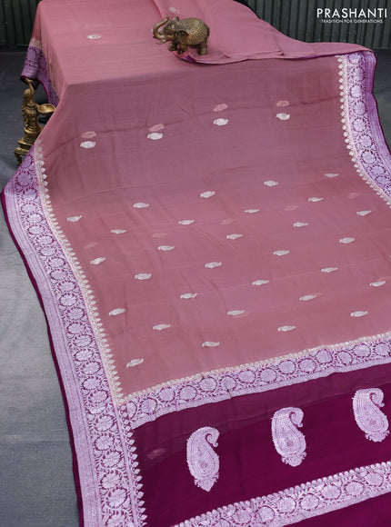 Banarasi chiffon saree pastel brown and purple with silver zari woven buttas and silver zari woven border