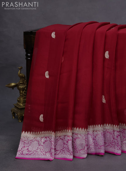 Banarasi chiffon saree red and pink with silver zari woven buttas and silver zari woven border