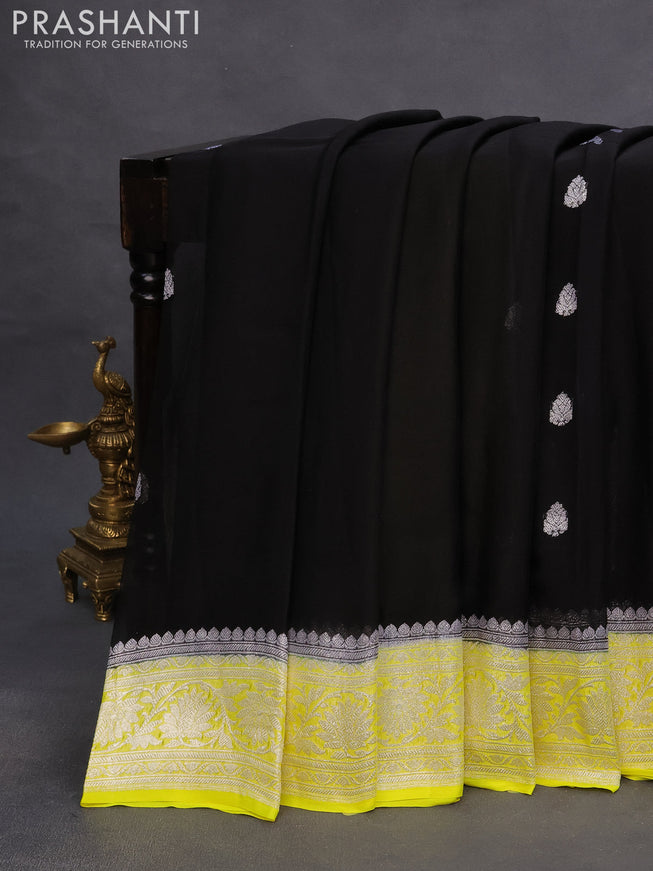 Banarasi chiffon saree black and lime yellow with silver zari woven buttas and silver zari woven border