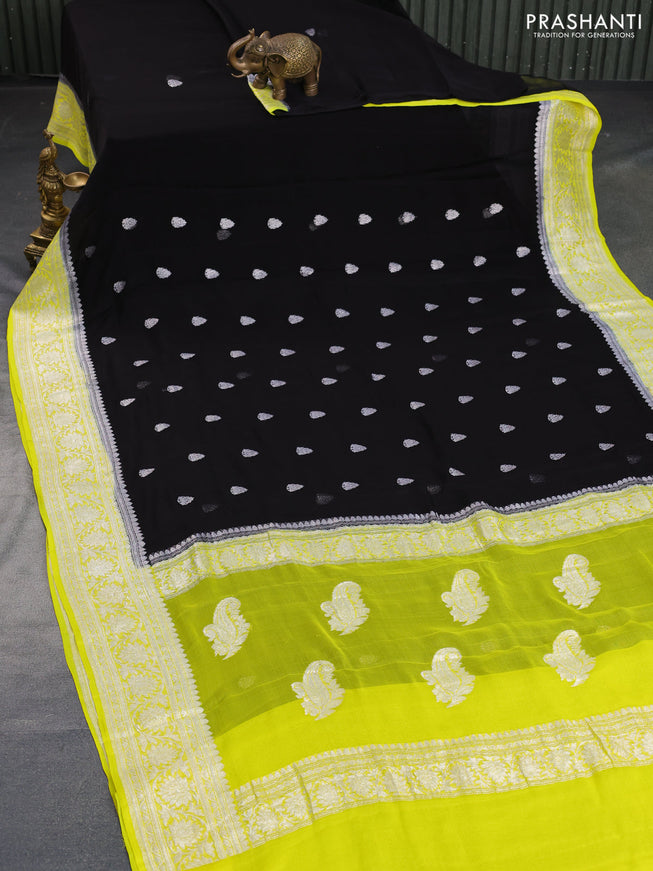 Banarasi chiffon saree black and lime yellow with silver zari woven buttas and silver zari woven border