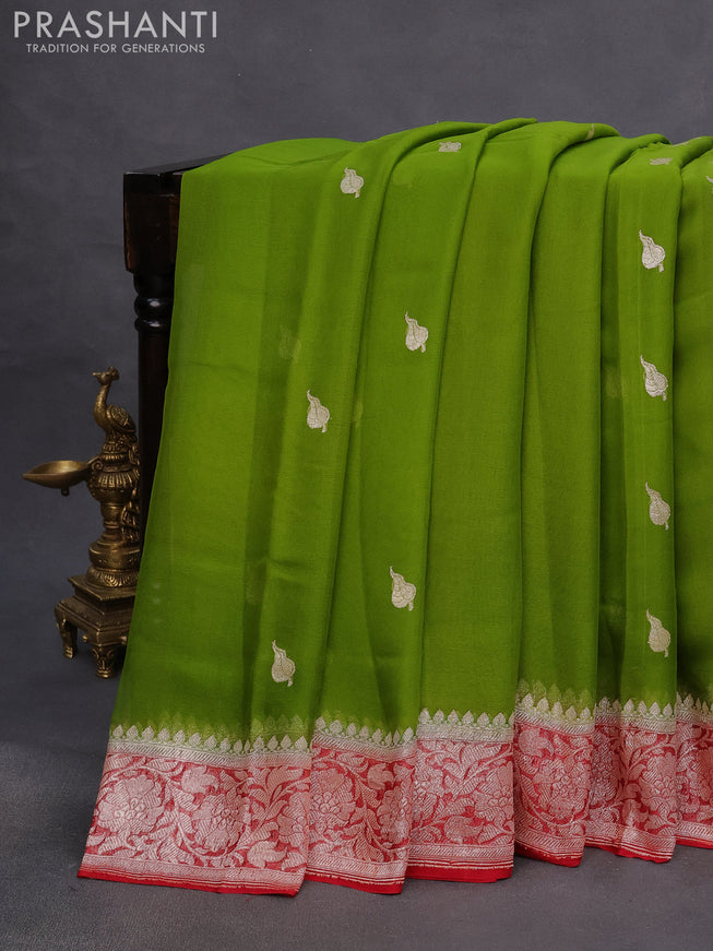 Banarasi chiffon saree mehendi green and red with silver zari woven buttas and silver zari woven border