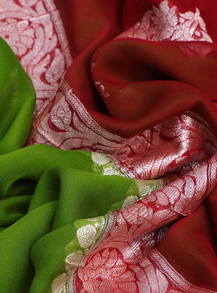 Banarasi chiffon saree mehendi green and red with silver zari woven buttas and silver zari woven border