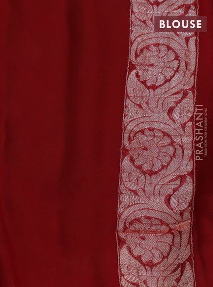 Banarasi chiffon saree mehendi green and red with silver zari woven buttas and silver zari woven border