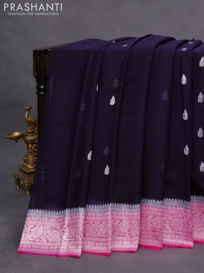 Banarasi chiffon saree navy blue and pink with silver zari woven buttas and silver zari woven border