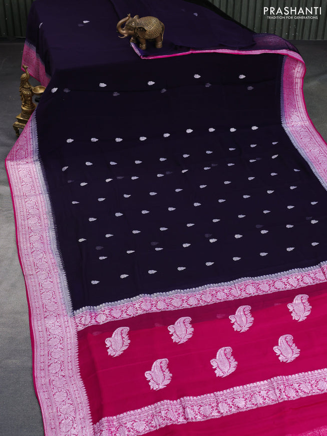 Banarasi chiffon saree navy blue and pink with silver zari woven buttas and silver zari woven border