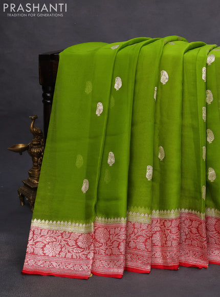 Banarasi chiffon saree mehendi green and red with silver zari woven buttas and silver zari woven border