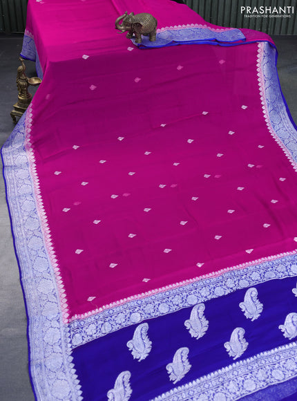 Banarasi chiffon saree pink and blue with silver zari woven buttas and silver zari woven border