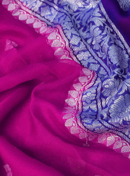 Banarasi chiffon saree pink and blue with silver zari woven buttas and silver zari woven border