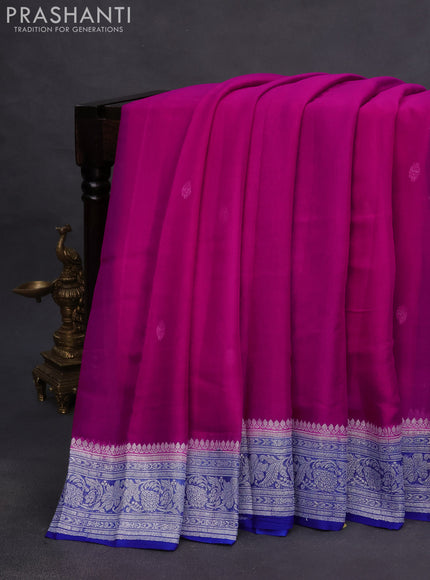 Banarasi chiffon saree pink and blue with silver zari woven buttas and silver zari woven border