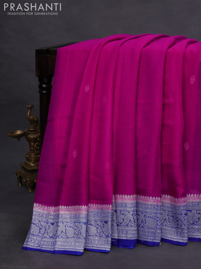 Banarasi chiffon saree pink and blue with silver zari woven buttas and silver zari woven border