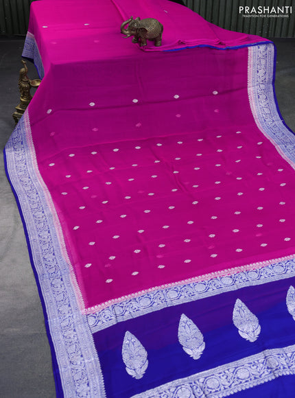 Banarasi chiffon saree pink and blue with silver zari woven buttas and silver zari woven border