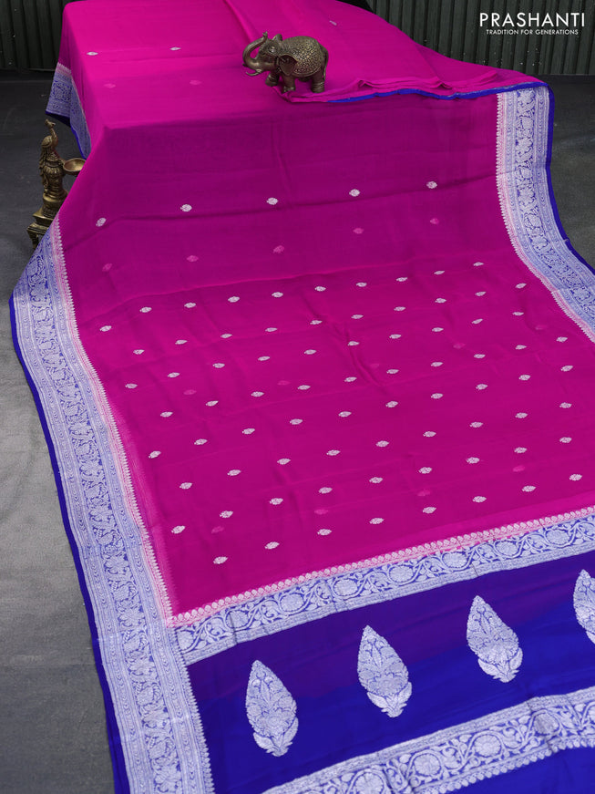 Banarasi chiffon saree pink and blue with silver zari woven buttas and silver zari woven border