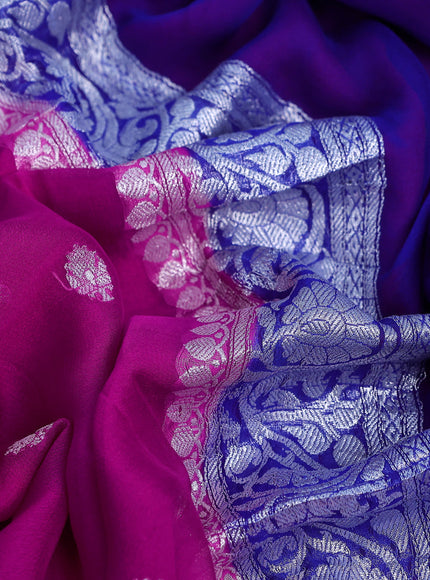 Banarasi chiffon saree pink and blue with silver zari woven buttas and silver zari woven border