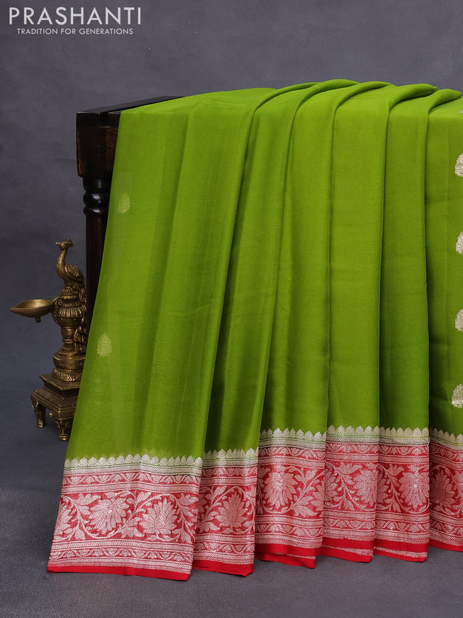 Banarasi chiffon saree mehendi green and red with silver zari woven buttas and silver zari woven border