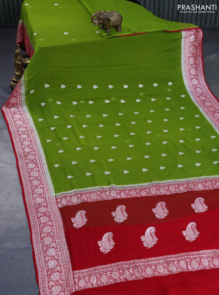 Banarasi chiffon saree mehendi green and red with silver zari woven buttas and silver zari woven border