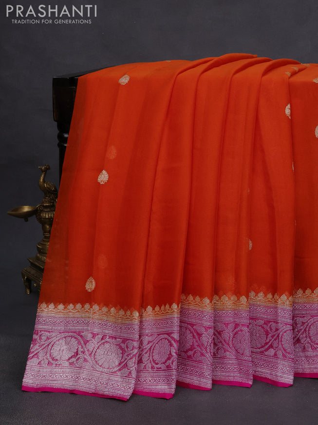 Banarasi chiffon saree orange and pink with silver zari woven buttas and silver zari woven border