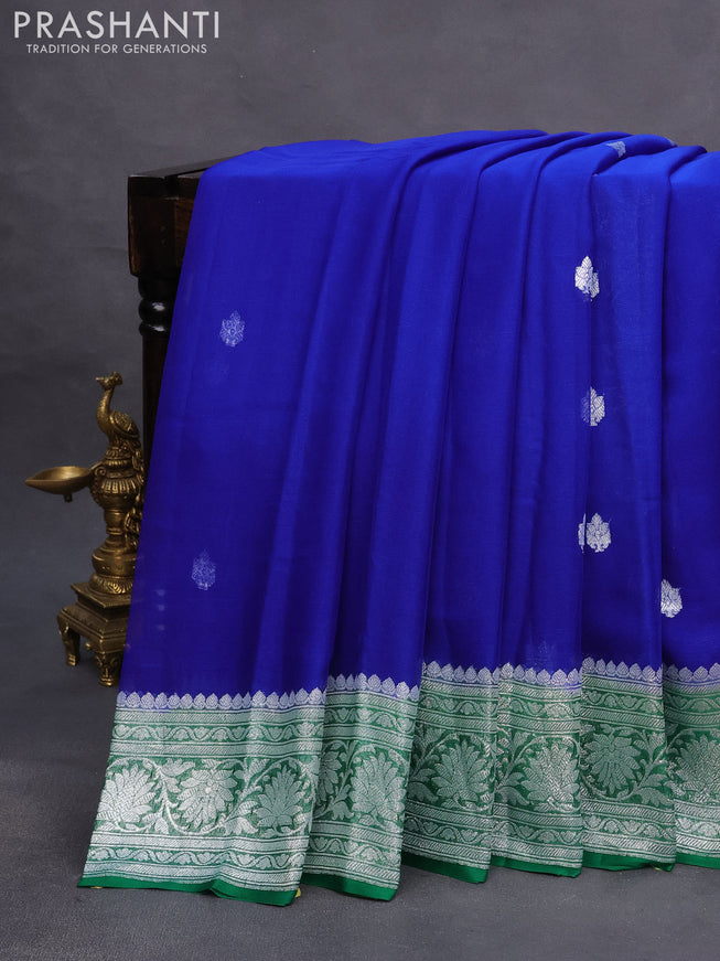 Banarasi chiffon saree blue and green with silver zari woven buttas and silver zari woven border