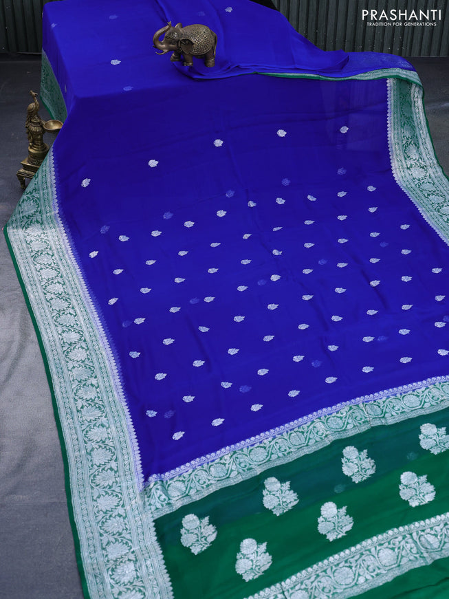 Banarasi chiffon saree blue and green with silver zari woven buttas and silver zari woven border