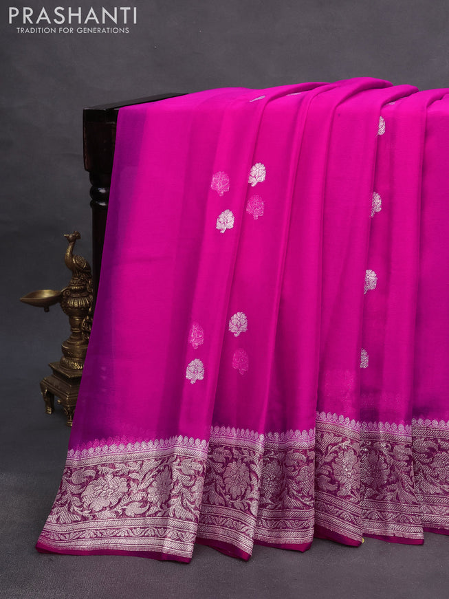 Banarasi chiffon saree pink and red with silver zari woven buttas and silver zari woven border