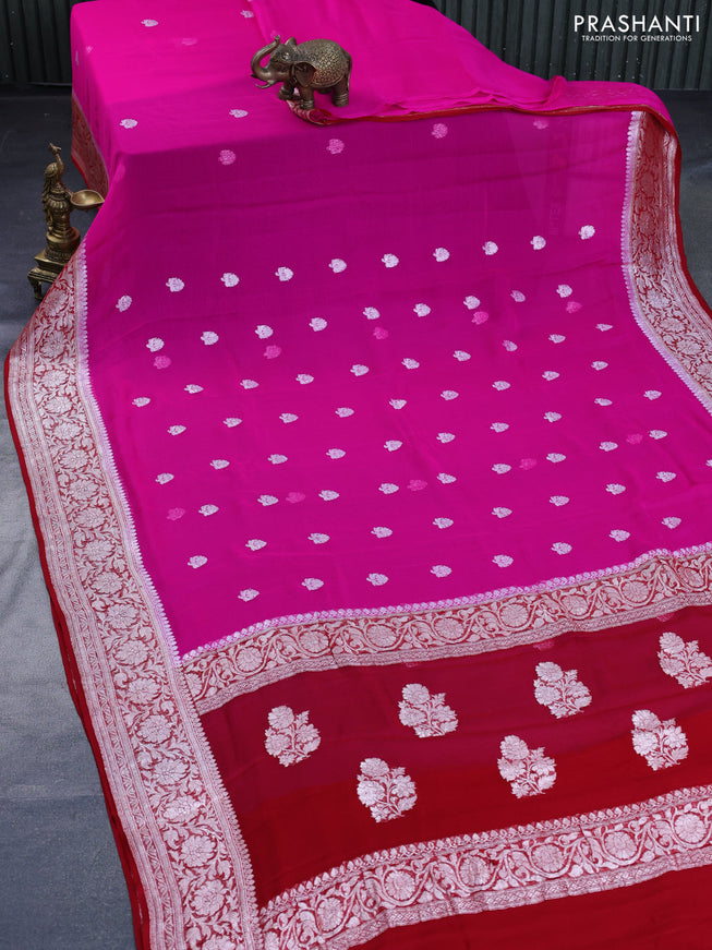 Banarasi chiffon saree pink and red with silver zari woven buttas and silver zari woven border