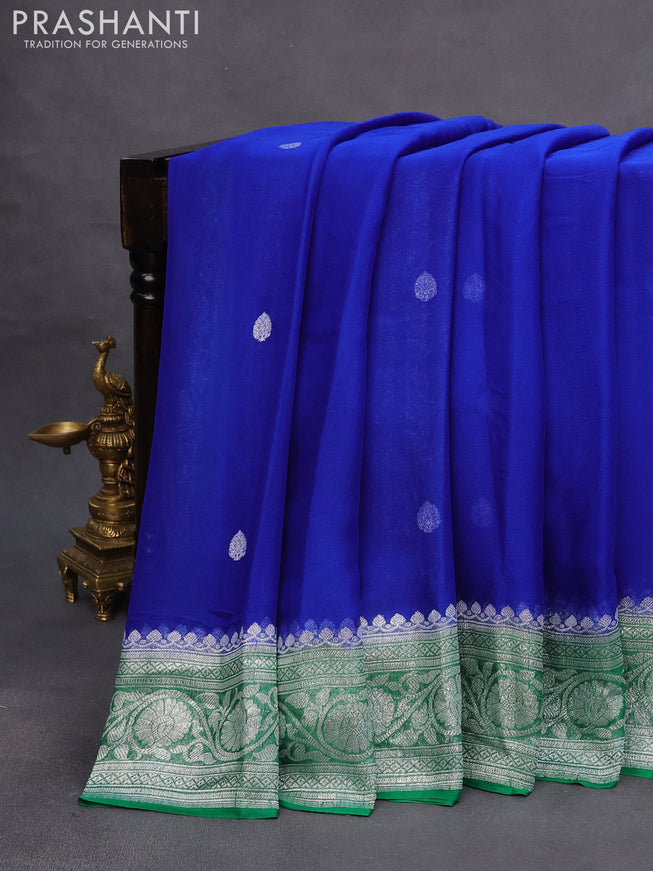 Banarasi chiffon saree blue and green with silver zari woven buttas and silver zari woven border