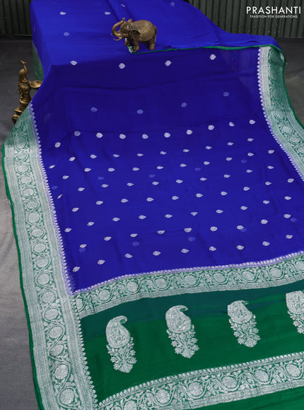 Banarasi chiffon saree blue and green with silver zari woven buttas and silver zari woven border