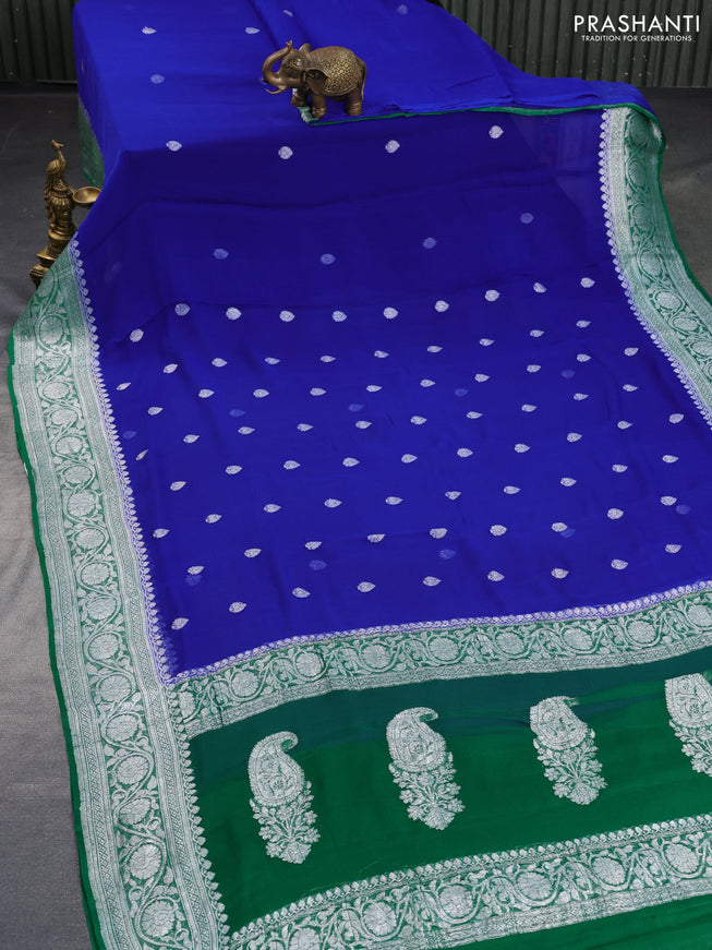 Banarasi chiffon saree blue and green with silver zari woven buttas and silver zari woven border